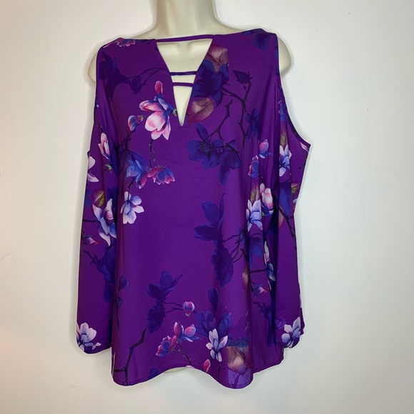 Women’s Purple Peacock Print Cold Shoulder Top Blouse Asian Inspired - Picture 1 of 16
